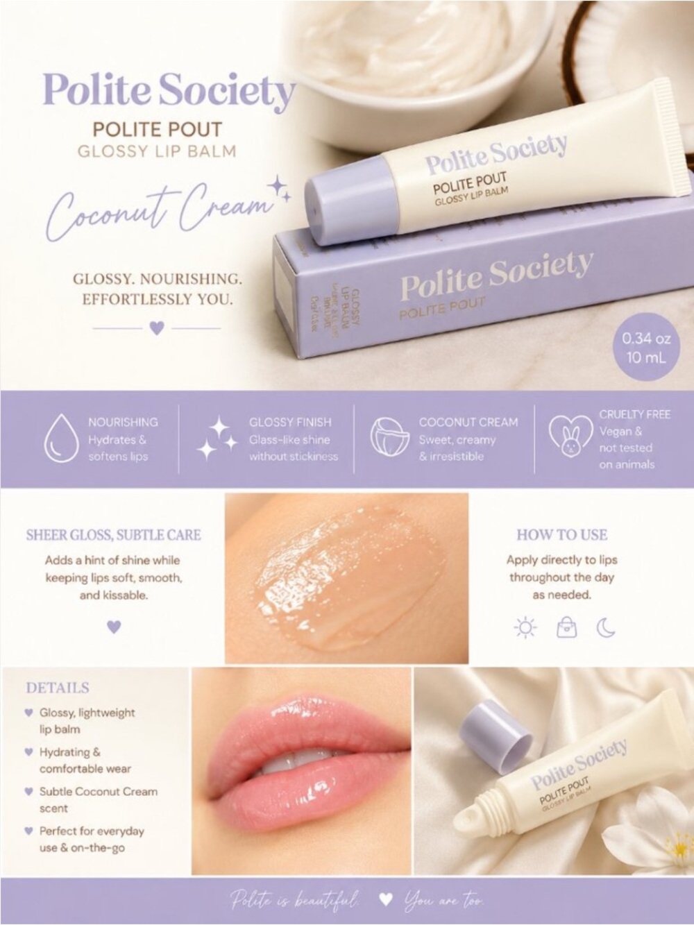 Polite Society Polite Pout Glossy Lip Balm Coconut Cream 0.34 oz / 10 mL NIB